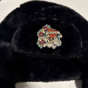 Ed Hardy Trapper Bomber Black Faux Fur Hat Skull Embroidery Love Kills Slowly